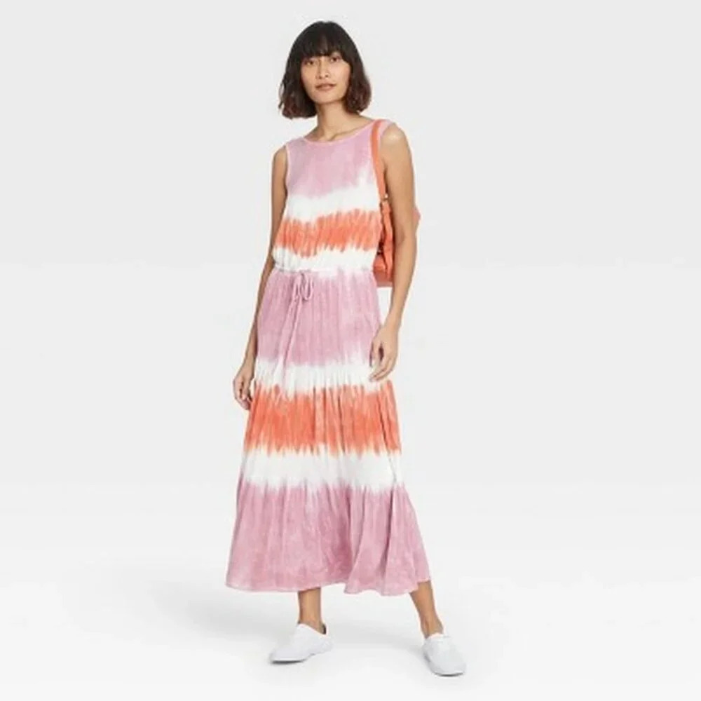 Knox Rose Pink/Orange Bohemian Coquette Tie Dye Coastal Knit Maxi Dress Size M